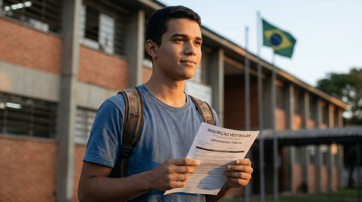 Jovem de camiseta azul segura formulário de inscrição vestibular diante de prédio escolar com bandeira do Brasil