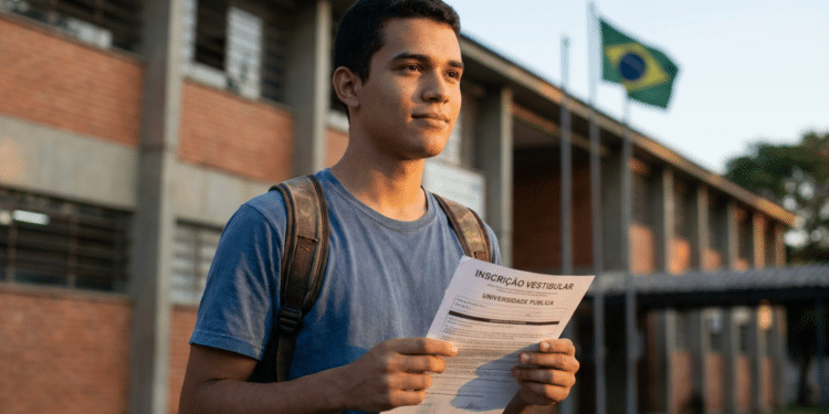 Jovem de camiseta azul segura formulário de inscrição vestibular diante de prédio escolar com bandeira do Brasil