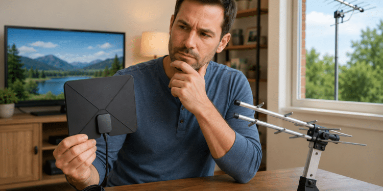 Homem segurando antena digital quadrada e olhando pensativo para antena externa metálica sobre mesa.
