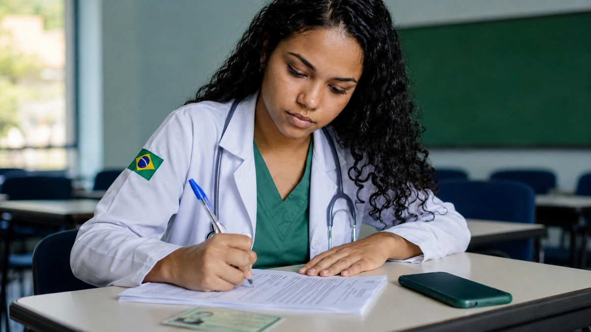Candidata de jaleco branco escrevendo, representando a aplicação das provas do Enare 2026/2027.