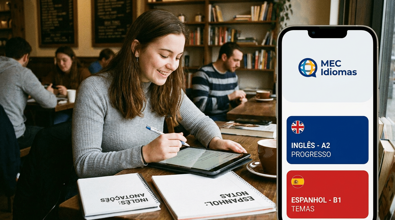 Mulher jovem anotando em tablet com caderno de idiomas e celular mostrando app MEC Idiomas.