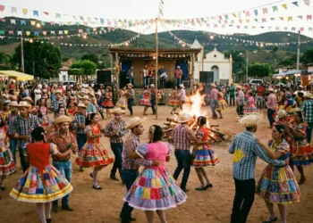 Festa junina em arraial com dança, fogueira, bandeirinhas e roupas típicas.