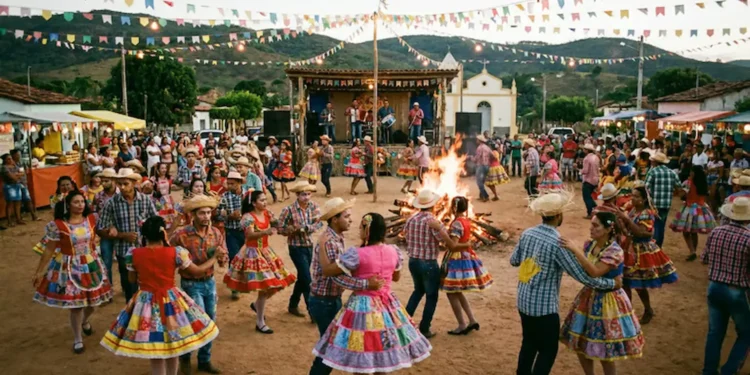 Festa junina em arraial com dança, fogueira, bandeirinhas e roupas típicas.