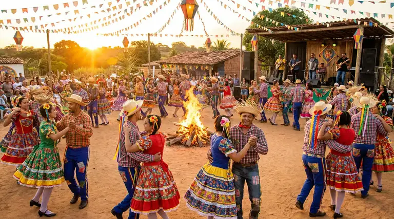 Arraial junino com quadrilha, fogueira, bandeirinhas e apresentação musical.