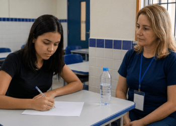 Aplicadora acompanha estudante durante a prova, representando o atendimento especializado do Enem 2026