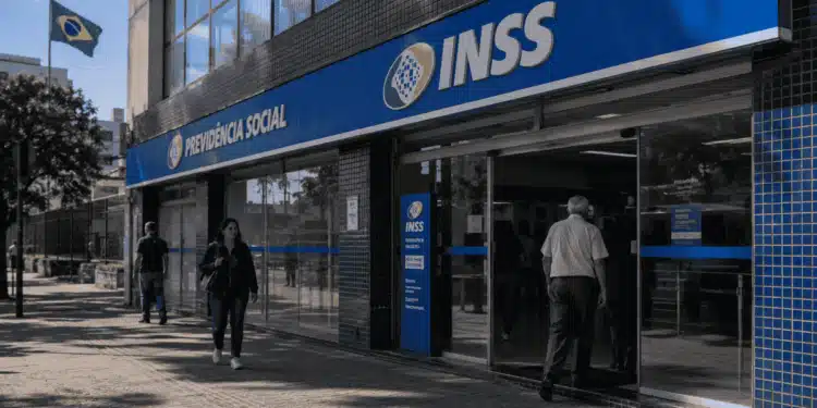 Fachada de agência do INSS com movimento de atendimento pela manhã, ilustrando mudança de horário em dia de jogo do Brasil.