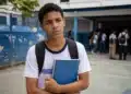 Adolescente em escola pública segurando caderno azul com expressão preocupada, representando a ausência dos pagamentos do Pé-de-Meia de junho para oito grupos.
