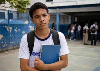 Adolescente em escola pública segurando caderno azul com expressão preocupada, representando a ausência dos pagamentos do Pé-de-Meia de junho para oito grupos.