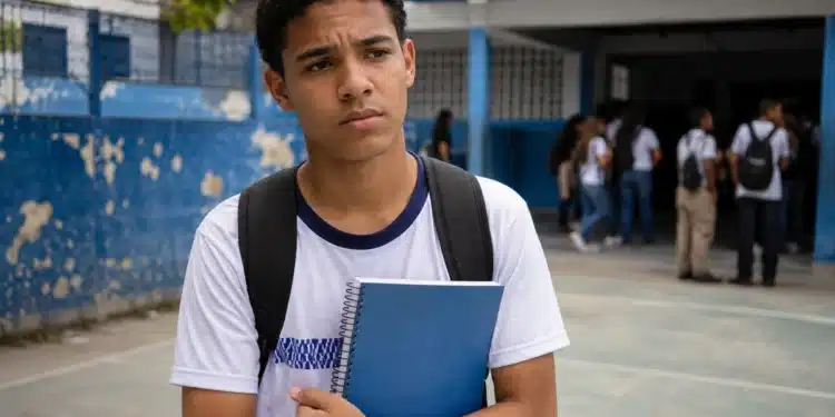 Adolescente em escola pública segurando caderno azul com expressão preocupada, representando a ausência dos pagamentos do Pé-de-Meia de junho para oito grupos.
