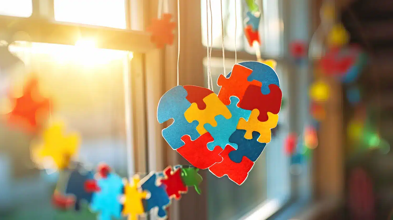 Autismo Decoração com peças de quebra-cabeça coloridas em formato de coração simbolizando o autismo e a inclusão.