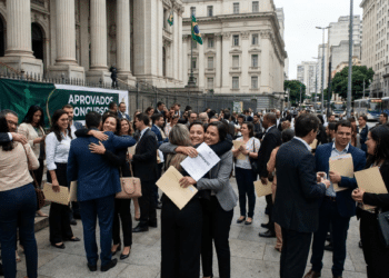 Grupo de aprovados em concurso se abraça e comemora segurando documentos em frente a um prédio público