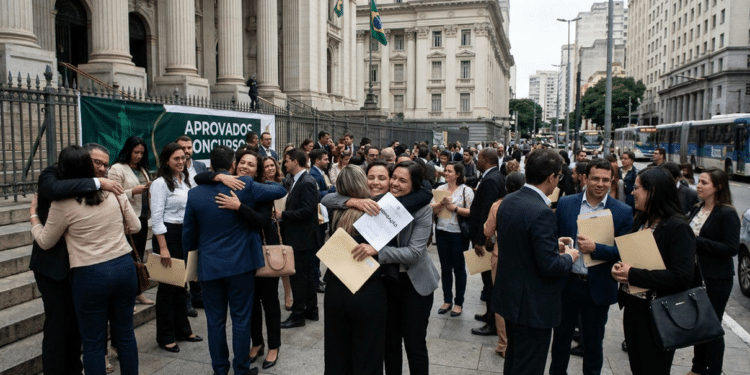 Grupo de aprovados em concurso se abraça e comemora segurando documentos em frente a um prédio público