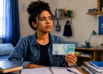 Estudante segura uma nota de R$ 100 em um quarto de estudos, com expressão de dúvida, representando o processo de geração do boleto para pagamento da taxa do Enem 2026 no último dia do prazo.