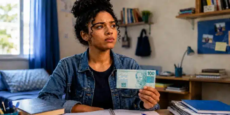 Estudante segura uma nota de R$ 100 em um quarto de estudos, com expressão de dúvida, representando o processo de geração do boleto para pagamento da taxa do Enem 2026 no último dia do prazo.