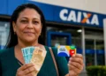 Mulher segura dinheiro e cartão do Bolsa Família em frente a uma agência da Caixa, representando o calendário de pagamentos de junho.