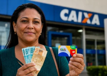 Mulher segura dinheiro e cartão do Bolsa Família em frente a uma agência da Caixa, representando o calendário de pagamentos de junho.