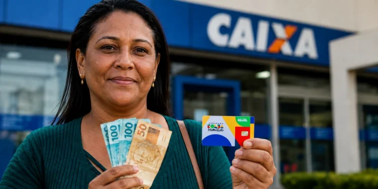 Mulher segura dinheiro e cartão do Bolsa Família em frente a uma agência da Caixa, representando o calendário de pagamentos de junho.