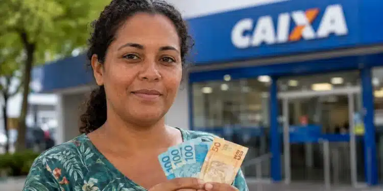 Beneficiária segura notas de real em frente a uma agência da Caixa, representando o pagamento do Bolsa Família.