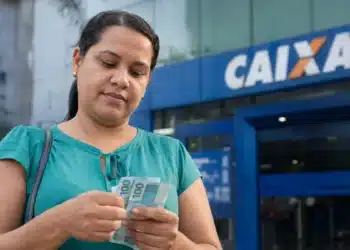 Mulher segura cédulas de reais em frente a uma agência da Caixa, representando os pagamentos do Bolsa Família de junho.