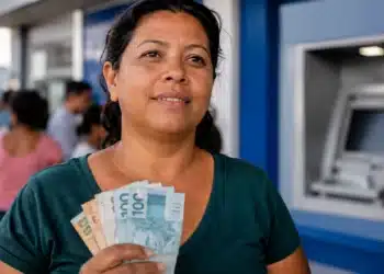 Mulher sorri segurando cédulas de reais diante de agência bancária azul, representando os pagamentos do Bolsa Família em junho.
