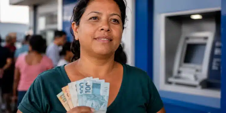 Mulher sorri segurando cédulas de reais diante de agência bancária azul, representando os pagamentos do Bolsa Família em junho.