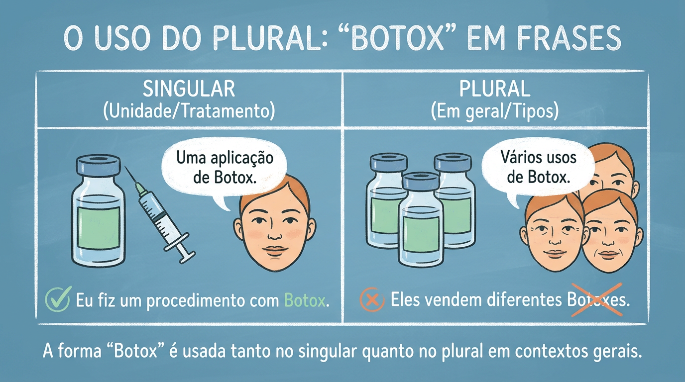 Infográfico explicando que o plural de botox é botox, e não botoxes ou botoxs.
