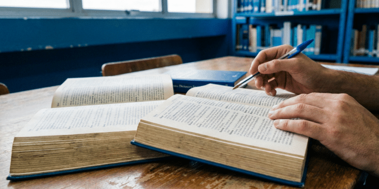 Pessoa consulta dicionários abertos em biblioteca para resolver a dúvida de português entre box ou boxes