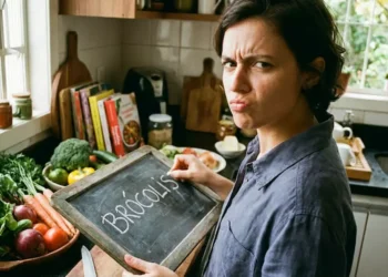 Pessoa segurando quadro com a palavra ‘Brócolis’ na cozinha, mostrando dúvida sobre o plural.