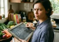Pessoa segurando quadro com a palavra ‘Brócolis’ na cozinha, mostrando dúvida sobre o plural.