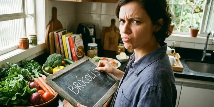 Pessoa segurando quadro com a palavra ‘Brócolis’ na cozinha, mostrando dúvida sobre o plural.