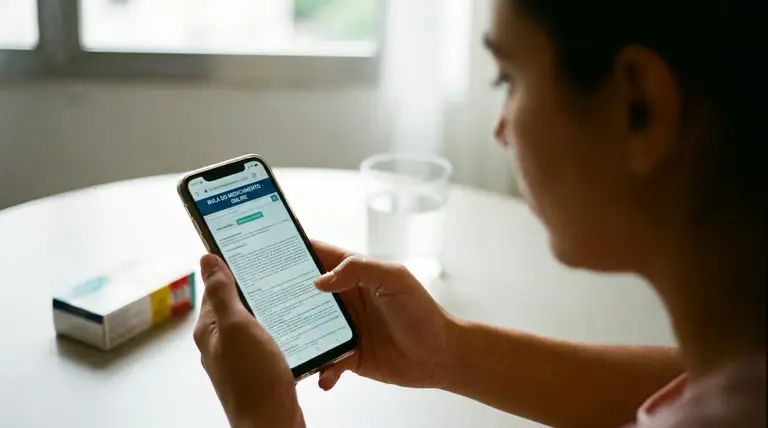 Usuária consulta bula digital pelo celular ao lado de embalagem de medicamento.