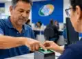 Homem com dedo em leitor biométrico em uma agência do INSS, representando as novas diretrizes do INSS para concessão de benefícios.