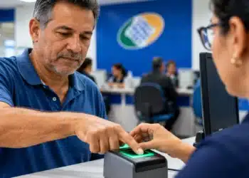 Homem com dedo em leitor biométrico em uma agência do INSS, representando as novas diretrizes do INSS para concessão de benefícios.