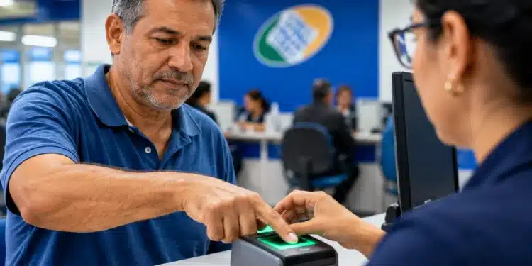Homem com dedo em leitor biométrico em uma agência do INSS, representando as novas diretrizes do INSS para concessão de benefícios.