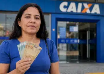 Mulher segurando cédulas de dinheiro em frente a uma agência da Caixa, representando depósitos de R$ 600, R$ 800 e R$ 1.000.