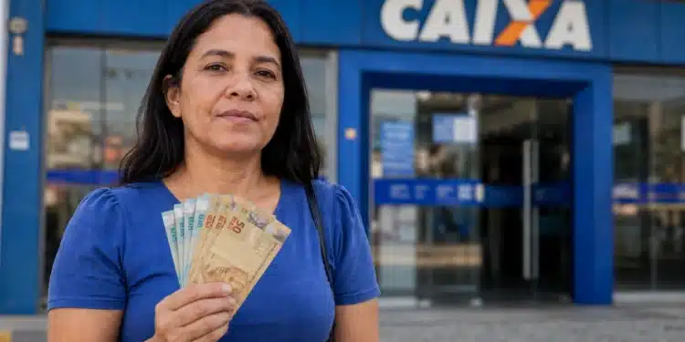 Mulher segurando cédulas de dinheiro em frente a uma agência da Caixa, representando depósitos de R$ 600, R$ 800 e R$ 1.000.