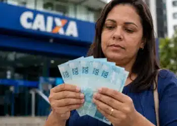 Mulher segurando cédulas de real em frente a agência da Caixa Econômica Federal, representando liberação de saque de R$ 6.220