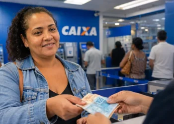 Mulher recebendo dinheiro em agência da Caixa, representando o pagamento de até R$ 1.000 para milhões de famílias brasileiras.
