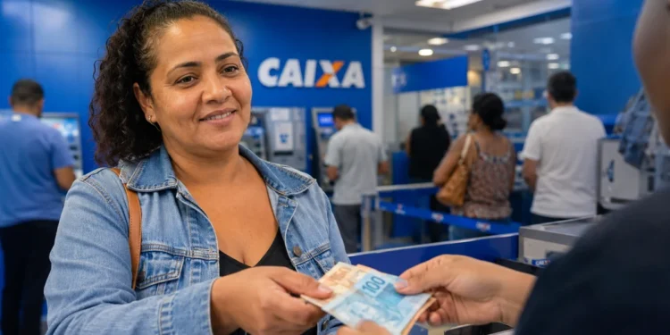 Mulher recebendo dinheiro em agência da Caixa, representando o pagamento de até R$ 1.000 para milhões de famílias brasileiras.