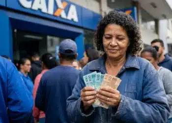 Mulher segura notas de real em frente à Caixa, representando o saque de até R$ 6.220 para CPFs com finais de 0 a 9