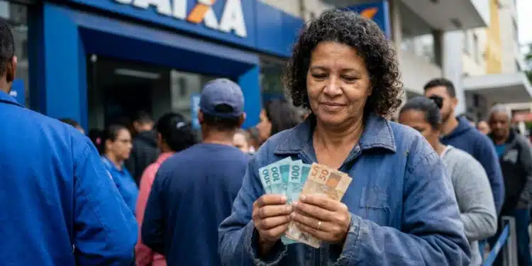 Mulher segura notas de real em frente à Caixa, representando o saque de até R$ 6.220 para CPFs com finais de 0 a 9