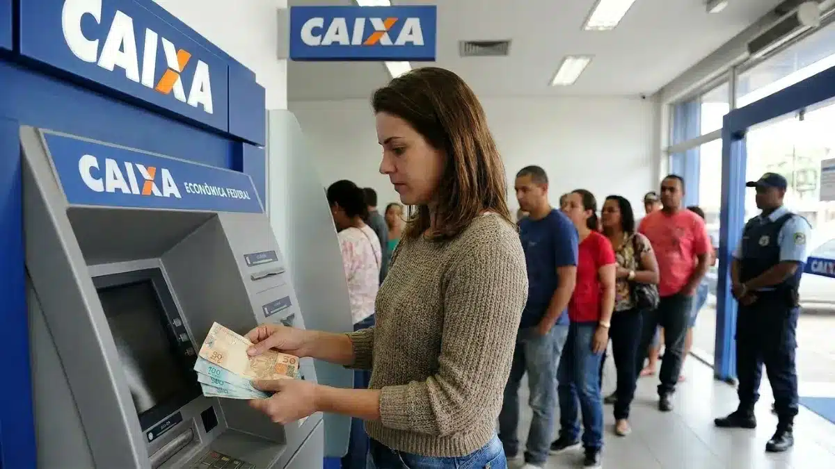 Mulher retirando dinheiro em caixa eletrônico da Caixa, representando o pagamento de R$ 300 para CPFs com finais de 0 a 9 nesta segunda-feira (8).