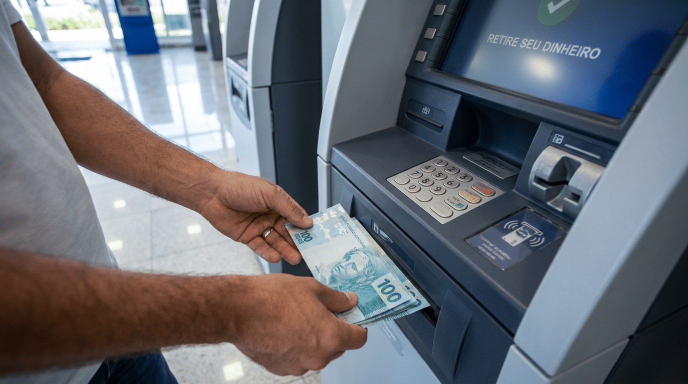 Mãos masculinas retirando cédulas de R0 azuis com efígie da República em terminal de autoatendimento.