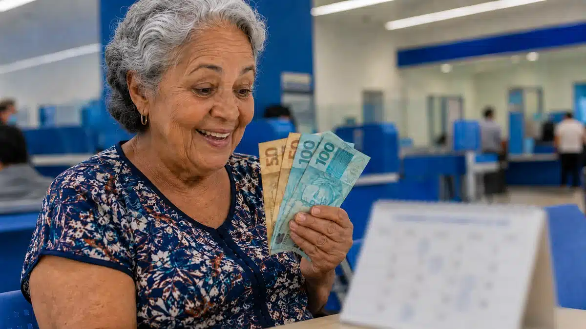 Aposentada sorrindo ao conferir cédulas de real em ambiente bancário, com calendário desfocado, ilustrando o pagamento do INSS de junho.