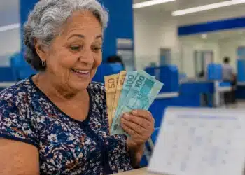 Aposentada sorrindo ao conferir cédulas de real em ambiente bancário, com calendário desfocado, ilustrando o pagamento do INSS de junho.