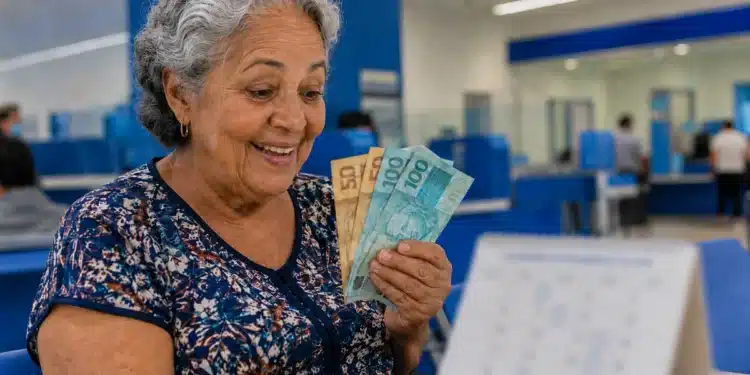 Aposentada sorrindo ao conferir cédulas de real em ambiente bancário, com calendário desfocado, ilustrando o pagamento do INSS de junho.