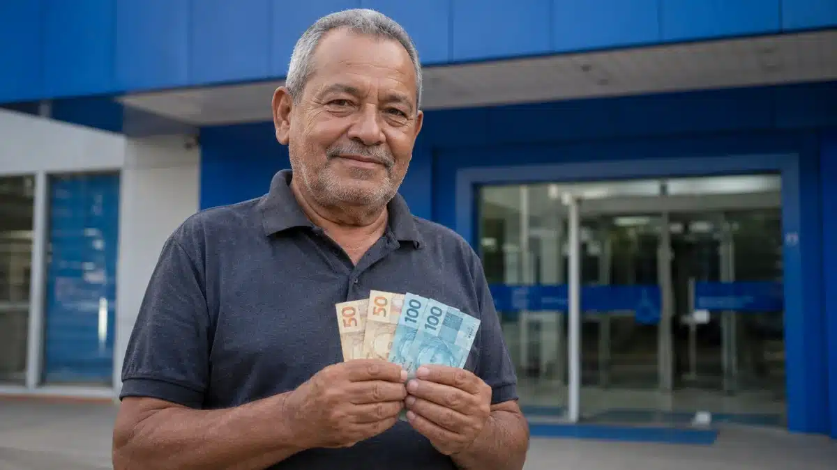 Aposentado segura cédulas de real em frente à agência bancária, representando o calendário de junho de 2026 do INSS.