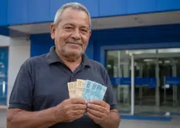 Aposentado segura cédulas de real em frente à agência bancária, representando o calendário de junho de 2026 do INSS.