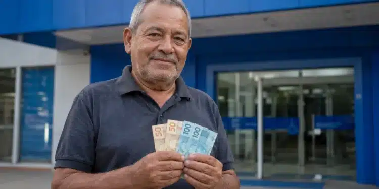 Aposentado segura cédulas de real em frente à agência bancária, representando o calendário de junho de 2026 do INSS.