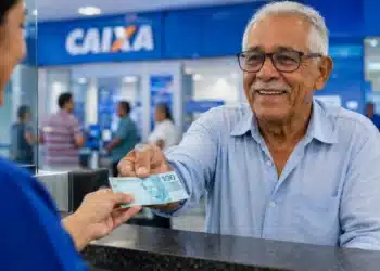 Idoso sorridente recebe dinheiro em atendimento bancário na Caixa, representando o pagamento de R$ 1.621 do INSS em junho.